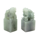 Detail Carved Natural Jade Pair Chinese Table Top Small Foo Dog Statue n470S