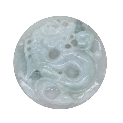 Green Jade Chinese Carved Zodiac Dragon Medallion Feng Shui Pendant k322NS