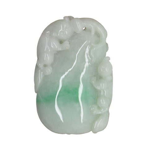 Lucky Feng Shui Jade Pendant With Three Pixie Figure Play On Eggplant n531S