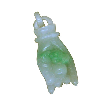 Green Jade Pendant With Craved Buddha Hand Holding Holy Bead n543S