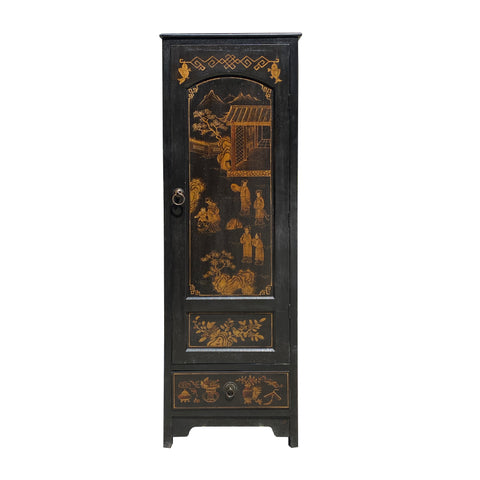 Chinese Black golden cabinet - Oriental golden scenery slim cabinet
