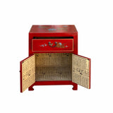 Chinese Red Vinyl Moon Face Flower Birds End Table Nightstand cs7132S