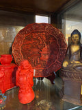 Chinese Red Resin Lacquer Round Scenery Relief Carving Accent Plate ws974S
