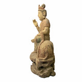 Chinese Rustic Wood Sitting Guan Yin on Lion Manjushri Statue ws1525S