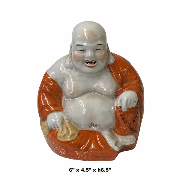  Chinese Happy Laughing Buddha Statue Orange Off-White Porcelain Vintage Rustic Finish with Prayer Beads for Feng Shui and Room Decor ws1585S