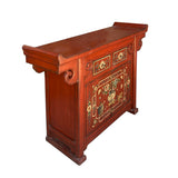 Chinese Distressed Brick Red Oriental Console Table Cabinet  - Point Edge & Flower Design cs6177S