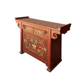 Chinese Distressed Brick Red Oriental Console Table Cabinet  - Point Edge & Flower Design cs6177S