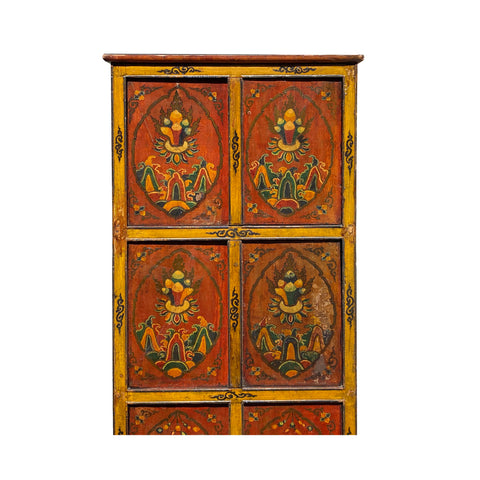Vintage Chinese Tibetan Jewel Flower Graphic Tall Storage Cabinet cs7354S