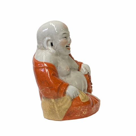  Chinese Happy Laughing Buddha Statue Orange Off-White Porcelain Vintage Rustic Finish with Prayer Beads for Feng Shui and Room Decor ws1585S