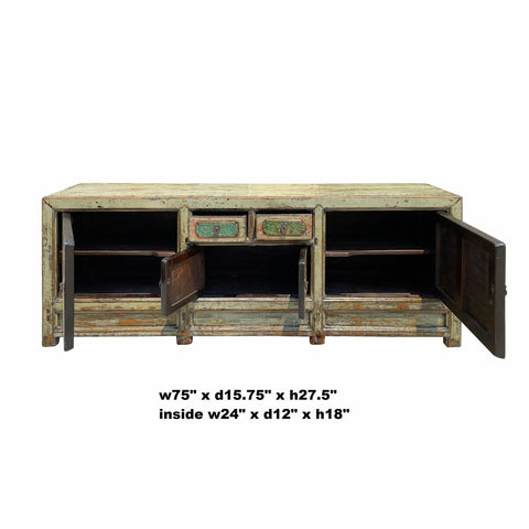 Chinese Vintage Restore Large Long Distressed Celadon Green Graphic Wood Low TV Console Cabinet cs6947S