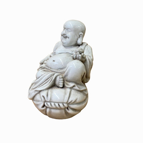 Handmade Ceramic Happy Buddha Statue – Holding Ancient Money & Sitting on Fortune Bag ws1493S