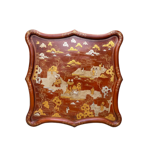 wood tray - brick red golden scenery wood panel - asian wood lacquer tray