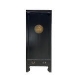 black lacquer oriental cabinet - tall slim moon face cabinet - chinese accent storage cabinet