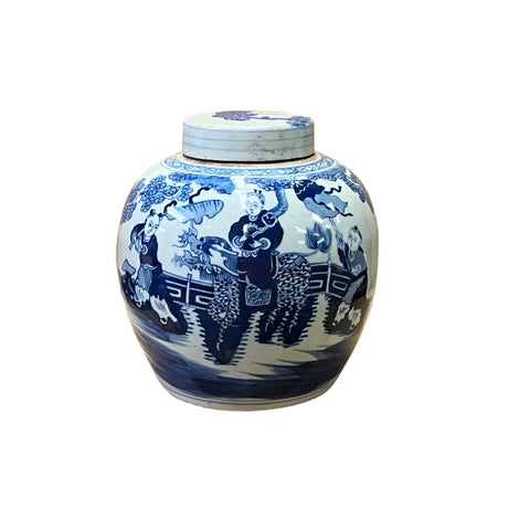 Blue white ginger jar - Chinese kid riding kirin porcelain jar
