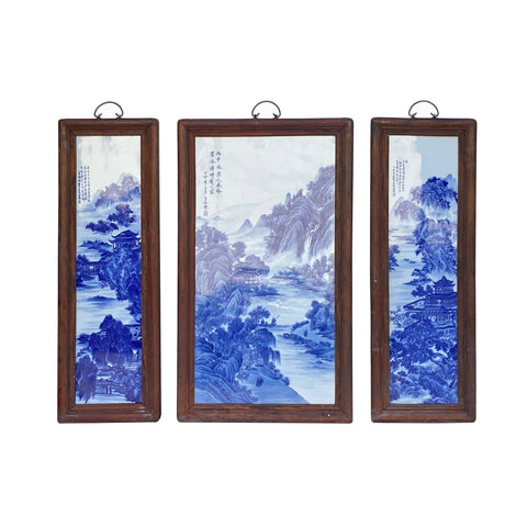 blue white porcelain panel set - oriental water mountain scenery painting - Chinese porcelain wall plaque