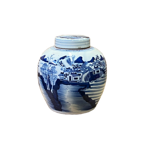 Chinese scenery blue white jar - ginger jar - temple jar