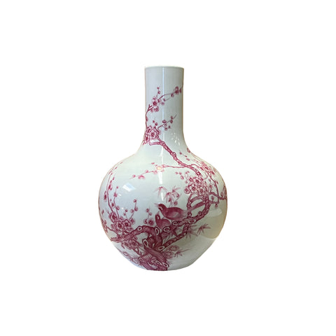chinese pink red flower bird graphic vase - fat body white base porcelain vase