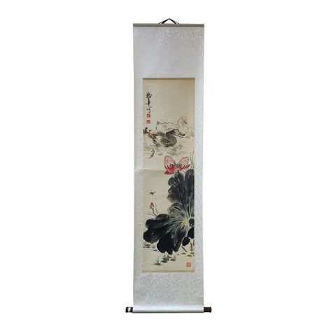 scroll painting - Chinese color ink painting - water ducks lotus flower painting