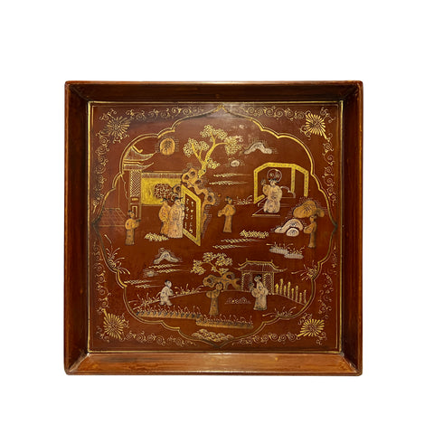 Chinoiseries Golden Graphic Brown Lacquer - wood tray