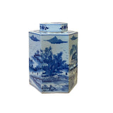 chinese blue white porcelain jar - hexagonal shape jar - oriental graphic porcelain jar