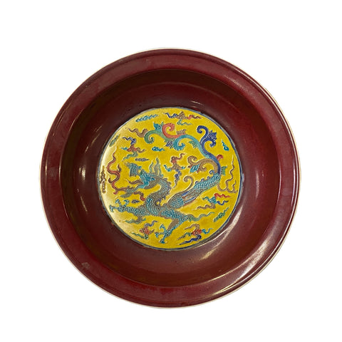 oxblood red yellow porcelain plate - Asian Fengshui dragon plate