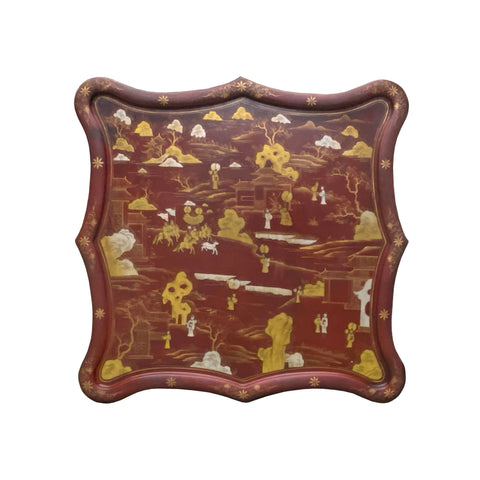 oxblood red brown lacquer wall art - oriental golden graphic square wood tray display - Chinese chinoiserie tray