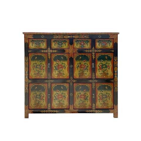 Tibetan Flower Graphic Cabinet - Tall Credenza Cabinet  - oriental Color Cabinet