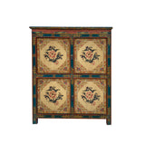 tibetan floral sideboad - teal blue beige flower credenza - asian flower foyer cabinet