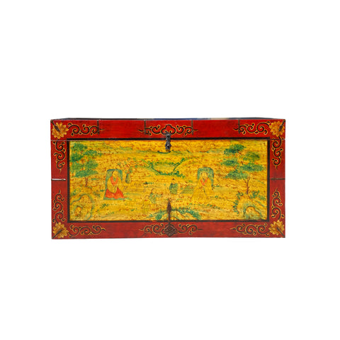 oriental tibetan style wood trunk - orange red teach graphic wood table - wood trunk coffee table
