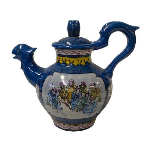 chinese clay teapot art - blue glaze ceramic teapot - 18 lohon theme teapot