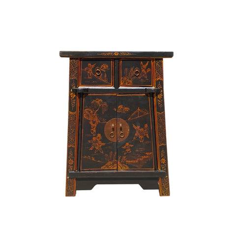 black brown copper graphic end table - asian chinese oriental scenery nightstand - black copper graphic side table