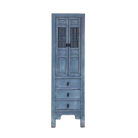 chinese distressed narrow cabinet - asian gray tall slim dresser - chinese gray storage cabinet