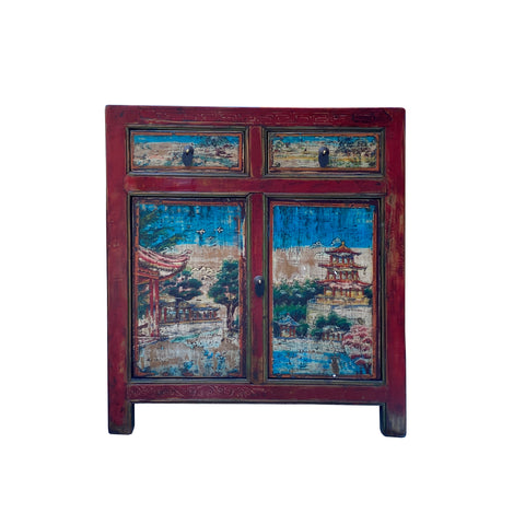 asian chinese vintage side table - oriental graphic small credenza - brick red blue console cabinet