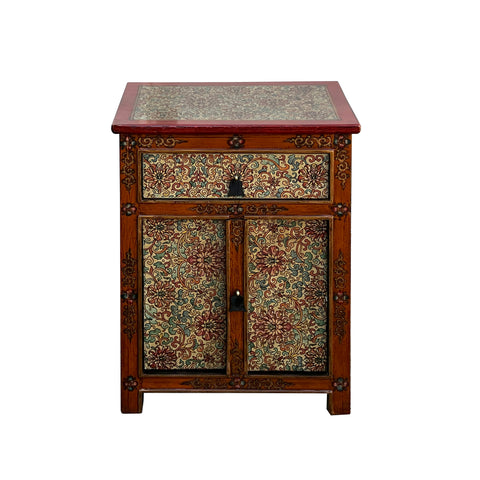 orange red lotus graphic end table - tibetan style floral graphic nightstand 