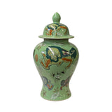 green foo dogs graphic jar - crackle avocado green porcelain jar - chinese temple jar