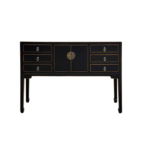 black lacquer console table - asian moonface foyer table - chinese black console table