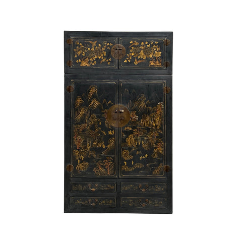 oriental golden scenery stack cabinet - Large Black lacquer stack armoire cabinet 