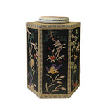 oriental flower bird wood box - black hexagonal embroidery box - asian silk theme box