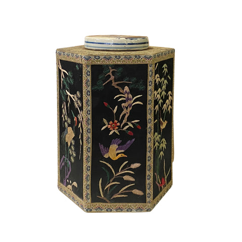 oriental flower bird wood box - black hexagonal embroidery box - asian silk theme box