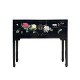 black lacquer foyer table - asian slim narrow side table - Chinese flower graphic console table