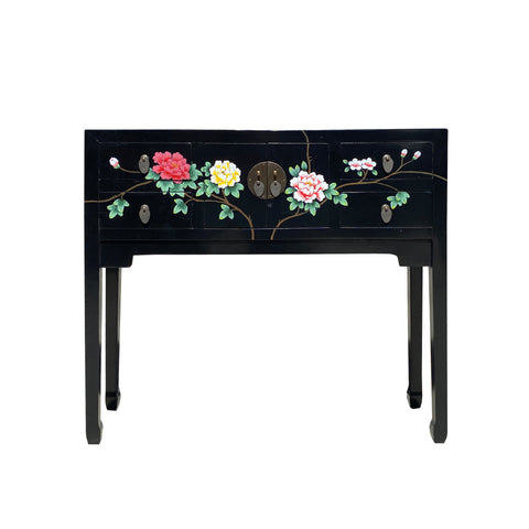 black lacquer foyer table - asian slim narrow side table - Chinese flower graphic console table