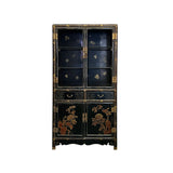 chinoiseries black lacquer cabinet - asian golden flower graphic glass cabinet - chinese black curio cabinet