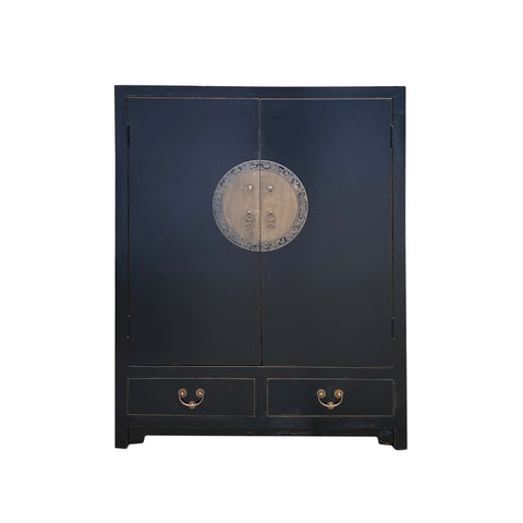 black lacquer foyer cabinet - asian moon face slim narrow chest - oriental black shoes cabinet