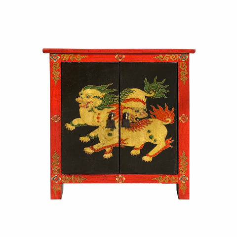 tibetan foo dogs end table - black red nightstand - oriental side table