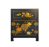 black vinyl end table - asian flower bird veneer side table - chinese black graphic nightstand