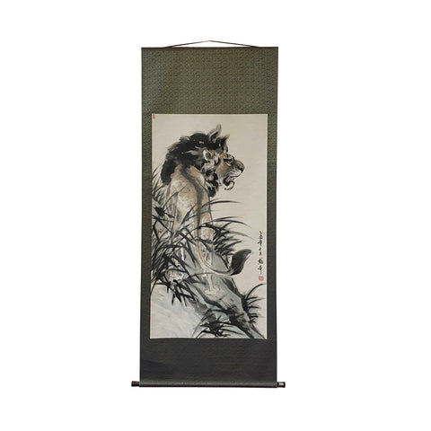 black white ink lion scroll painting - Chinese wall ink brush painting 