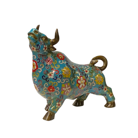 enamel cloisonne Ox figure - Oriental Fengshui Cow figure - Asian Turquoise bull figure