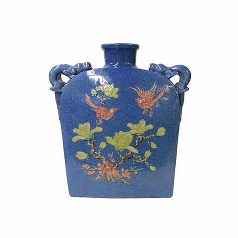 porcelain vase - blue flat vase - oriental flower bird vase