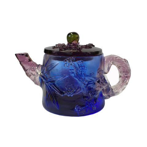 blue glass teapot art - asian teapot shape display - crystal glass art