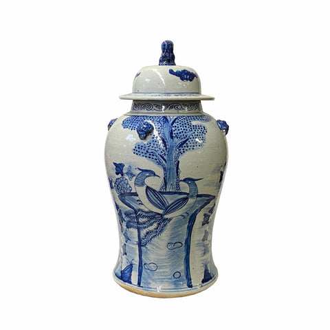blue white temple jar - porcelain general jar - flower birds porcelain jar